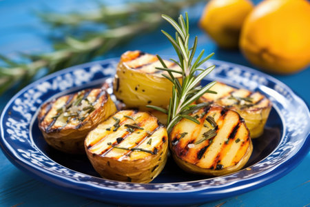 grilled potatoes with rosemary on a blue ceramic plate, created with generative aiの素材