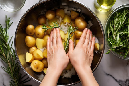 hands tossing potatoes and rosemary in a mixing bowl, created with generative aiの素材
