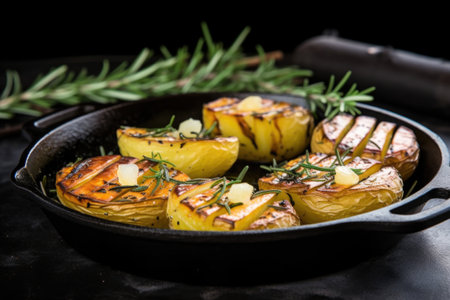 grilled potatoes with rosemary on a black iron pan, created with generative aiの素材