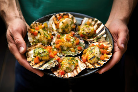 hands presenting a dish of grilled scallops to the camera, created with generative aiの素材