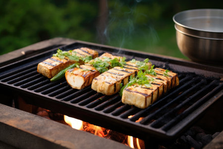 grilled tofu steak sizzling on a backyard barbecue, created with generative aiの素材