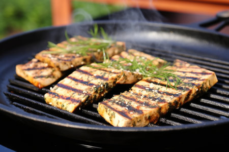 grilled tofu steak seasoned with around pile of spice jars, created with generative aiの素材