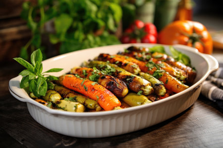 dish filled with grilled baby carrots and brussels sprouts, created with generative aiの素材