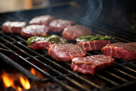 raw venison steaks on grill before cooking process, created with generative aiの素材