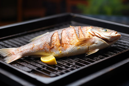 whole fish on a non-stick griddle, with sear marks visible, created with generative aiの素材