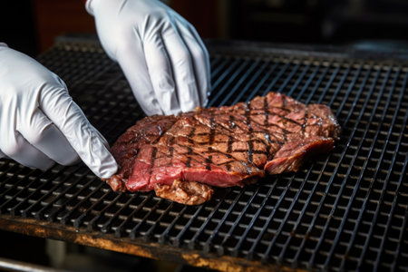 hand scoring diamond patterns onto a steak before grilling, created with generative aiの素材