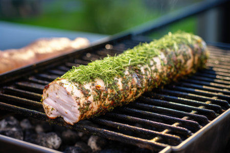 front angle shot of pork loin crusted with herbs on an outdoor grill, created with generative aiの素材