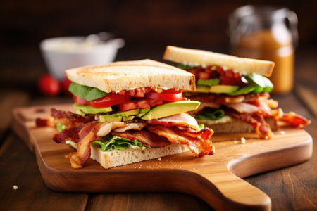 chicken club sandwich with crispy bacon on a wooden board, created with generative aiの素材