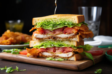 luxurious chicken club sandwich with a golden, crispy crust, created with generative aiの素材