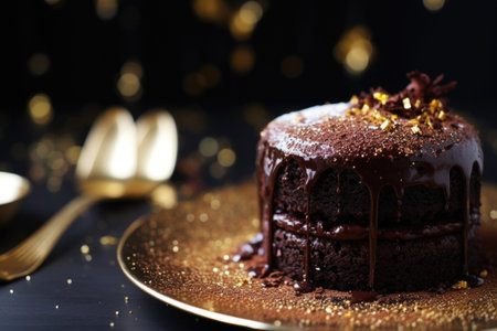 chocolate cake with gold dust sprinkled on top, created with generative aiの素材
