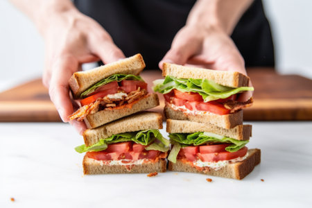 hand positioning the second toast piece on the blt sandwich, created with generative aiの素材