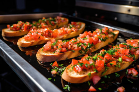 removing freshly grilled bread from the oven for bruschetta, created with generative aiの素材