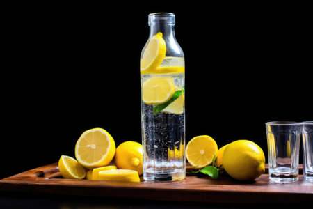 a bottle of club soda positioned with fresh lemons, created with generative aiの素材