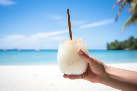 hand tipping chilled coconut, straw inserted, beach in the background, created with generative aiの素材