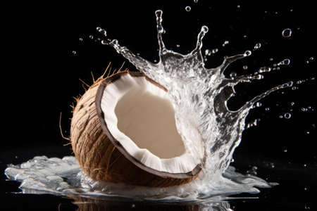 an opened coconut with water splash, created with generative aiの素材