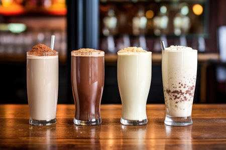 three different sizes of coffee shakes lined up on the bar table, created with generative aiの素材