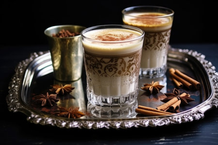 a decorated glass of coffee shake on a metal tray, created with generative aiの素材