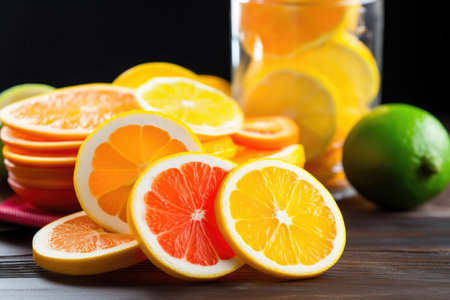 sliced citrus fruits next to an open can of soda, created with generative aiの素材