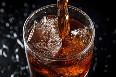 top view of cola soda splashing out of a glass, created with generative aiの素材