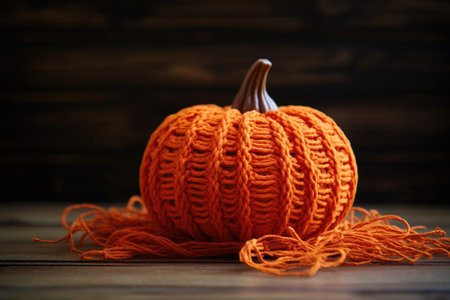 a handmade pumpkin decoration using orange yarn, created with generative aiの素材
