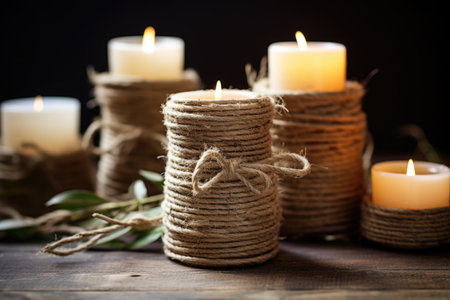 twine-wrapped rustic homemade candles, created with generative aiの素材