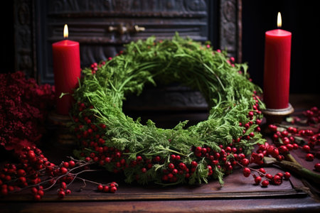 fresh, green solstice wreath decorated with miniature red berries, created with generative aiの素材