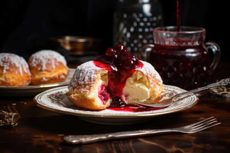 homemade jelly-filled sufganiyot on a plate, created with generative aiの素材