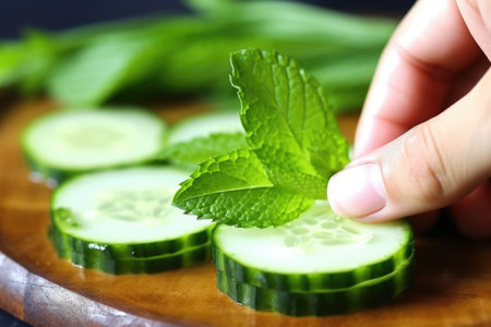 hand placing a mint leaf on a cut cucumber slice, created with generative aiの素材