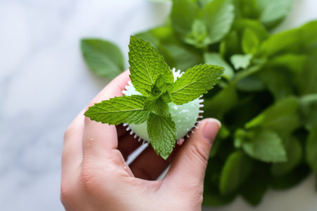 shooting from above, a hand placing a mint leaf on a cupcake, created with generative aiの素材