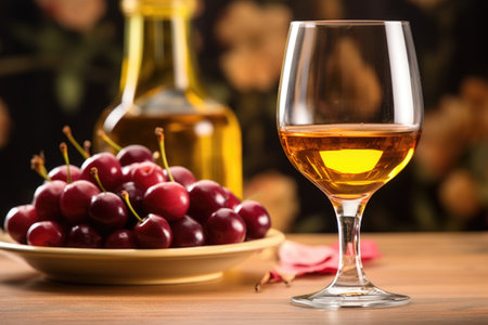 a full glass of dessert wine placed next to a bowl of cherries, created with generative aiの素材