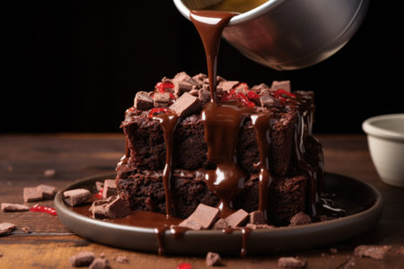 pouring hot fudge onto a brownie, created with generative aiの素材