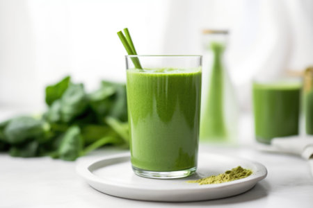 detox smoothie in a glass cup with a bamboo straw, created with generative aiの素材