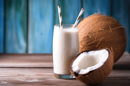 a coconut with a straw showing coconut water inside, created with generative aiの素材