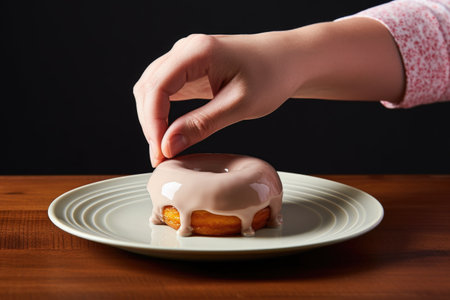 hand placing a donut onto a ceramic plate, created with generative aiの素材