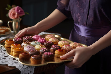 hand serving a tray of assorted donuts, created with generative aiの素材