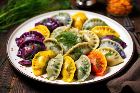 a plate of colorful polish pierogi dumplings garnished with herbs, created with generative aiの素材