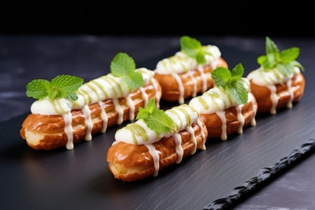 row of eclairs garnished with mint leaves on a stone board, created with generative aiの素材
