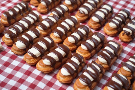 neatly arranged eclairs on a checkered tablecloth, created with generative aiの素材