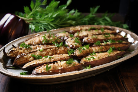 smoked eggplants arranged on a platter, created with generative aiの素材