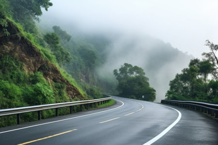 curvy mountain road surrounded by thick fog, created with generative aiの素材