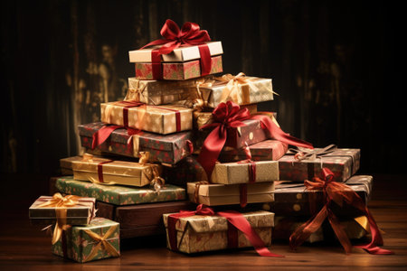 multiple gift boxes stacked on a wooden sleigh, created with generative aiの素材