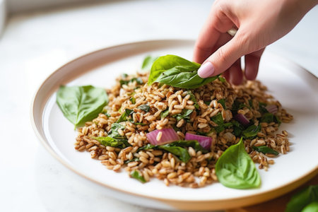 hand placing a basil leaf on top of a farro salad, created with generative aiの素材