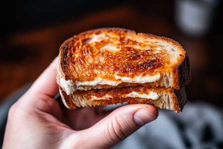 hand holding piece of toasted sourdough bread, created with generative aiの素材