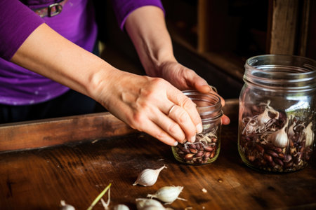 hand picking up a fermented garlic clove from jar, created with generative aiの素材