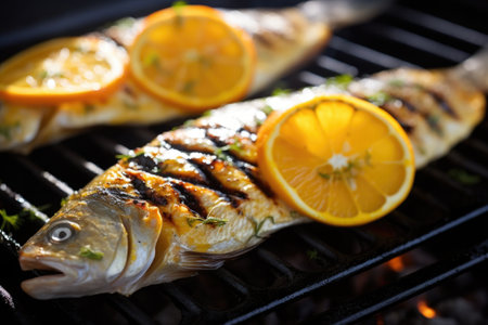 close-up: citrus-glazed fish with grill marks on a hot grill, created with generative aiの素材