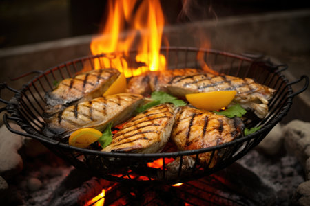 grilled fish steaks in a wire basket on an open fire pit, created with generative aiの素材