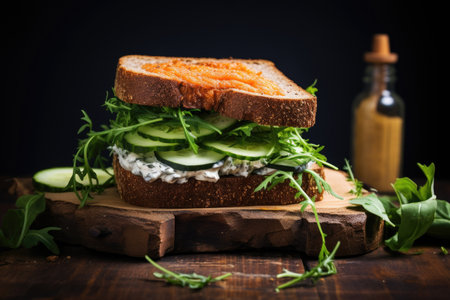 crispy fish sandwich on dark rye bread, created with generative aiの素材