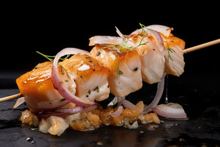 a skewer with alternately placed fish cubes and onion chunks, created with generative aiの素材