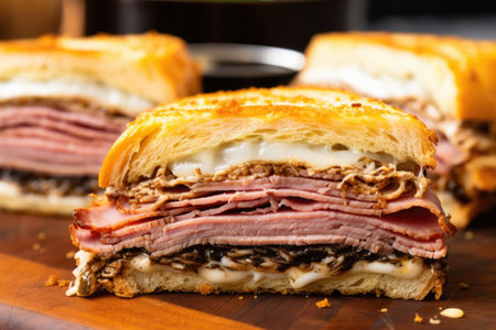 close-up shot of the layered roast beef on a french dip sandwich, created with generative aiの素材
