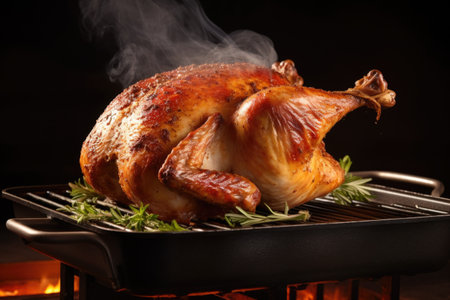 steaming whole chicken on a grill pan, created with generative aiの素材